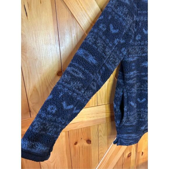 Alpine Sherpa Pullover Jacket Quarter Zip Navy Print Long Sleeve Fuzzy Medium (0 - Picture 3 of 9